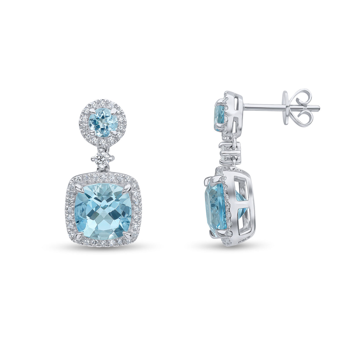 18CT WG ROUND AND CUSHION AQUA & DIAMOND DOUBLE CLUSTER DROP EARRINGS