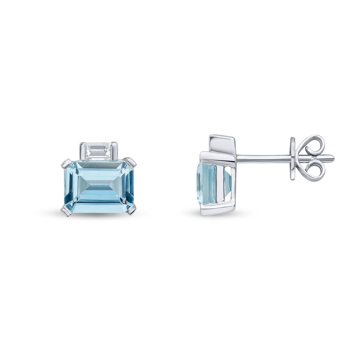 18CT WG OCTAGON AQUA AND BAGUETTE DIAMOND 2ST EARRINGS