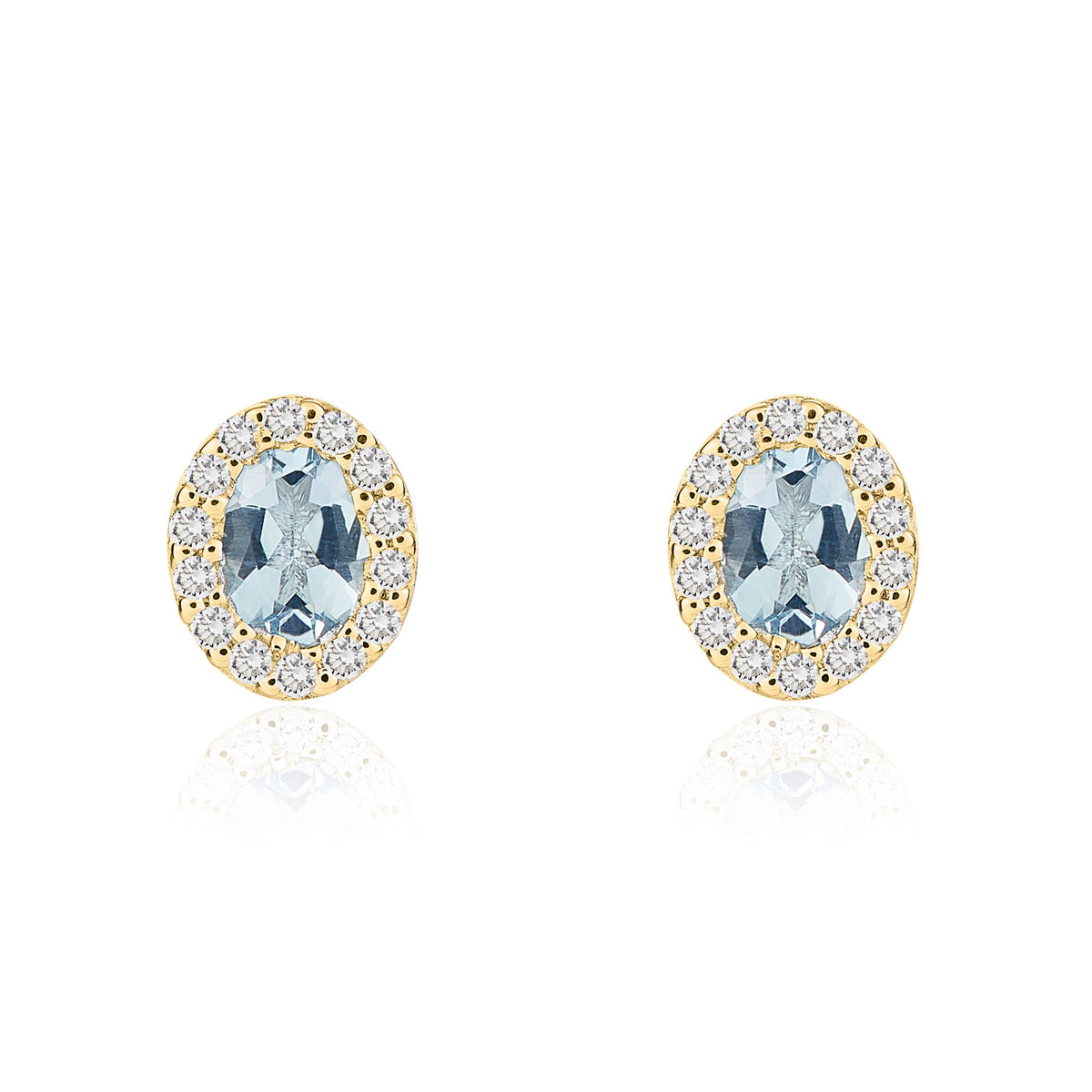 18CT YG 4X3 OVAL AQUAMARINE & DIAMOND MICROSET CLUSTER EARRINGS