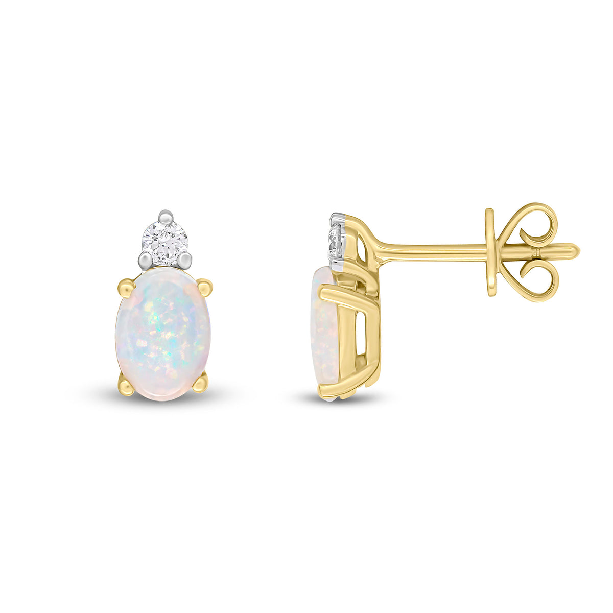 18CT YELLOW GOLD 7X5 OVAL OPAL AND ROUND DIAMOND CLAW SET 2ST STUD EARRINGS