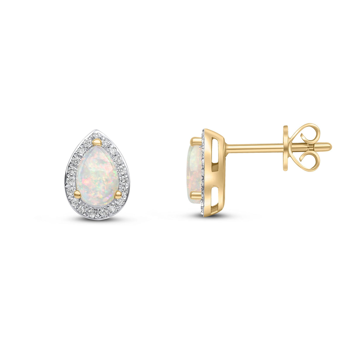 18CT YG CLAW SET 6X4 PEARSHAPE OPAL AND GRAIN SET ROUND DIAMOND CLUSTER EARRINGS. RHODIUM TO DIAMONDS