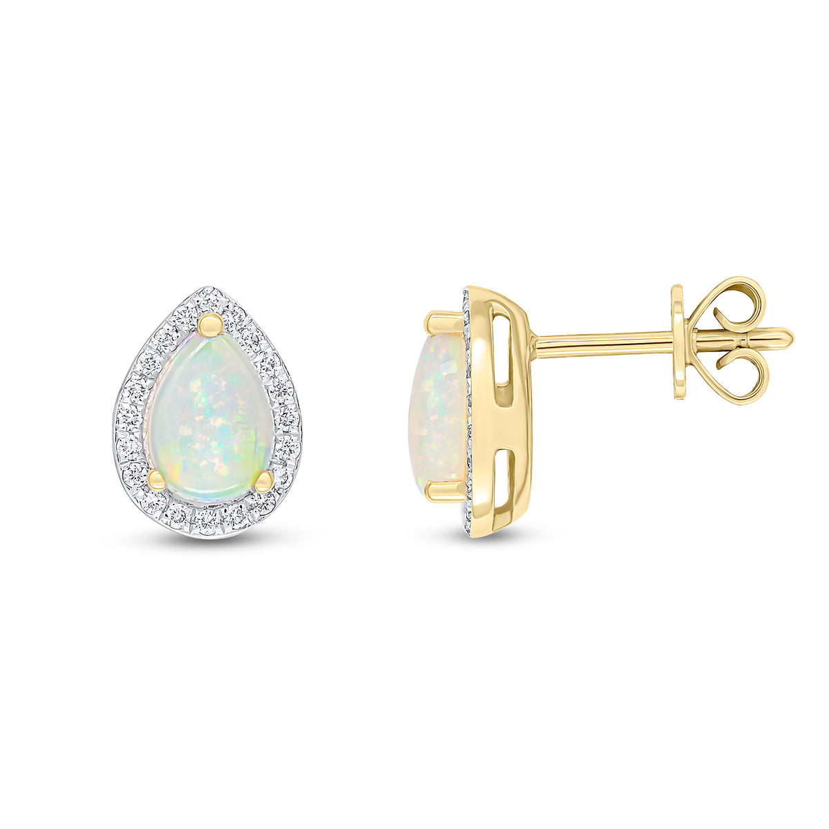 18CT YG CLAW SET 7X5 PEARSHAPE OPAL AND GRAIN SET ROUND DIAMOND CLUSTER EARRINGS. RHODIUM TO DIAMONDS