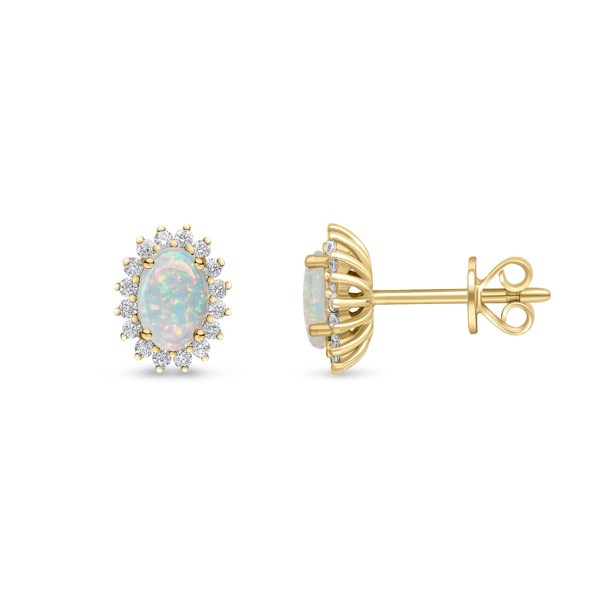 18CT YG 6X4 OVAL OPAL & DIAMOND CLAW CLUSTER EARRINGS