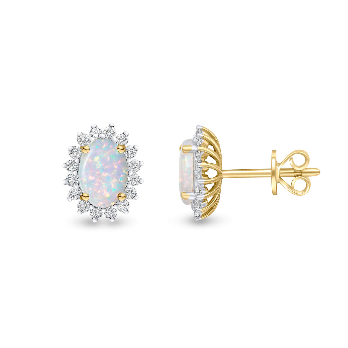 18CT YG 7X5 OVAL OPAL & DIAMOND CLAW CLUSTER EARRINGS. RHODIUM TO DIAMONDS