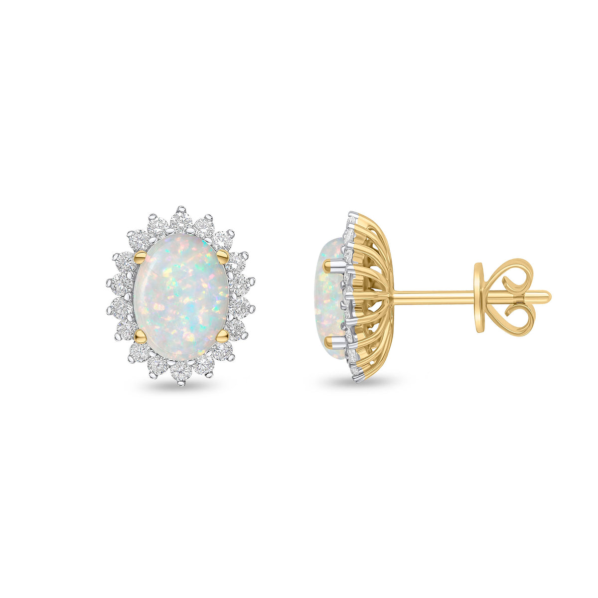 18CT YG 8X6 OVAL OPAL & DIAMOND CLAW SET CLUSTER EARRINGS. RHODIUM TO DIAMONDS