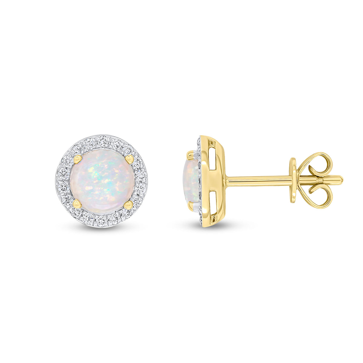 18CT YG 5.5MM ROUND OPAL & DIAMOND CLAW SET CLUSTER EARRINGS. RHODIUM TO DIAMONDS