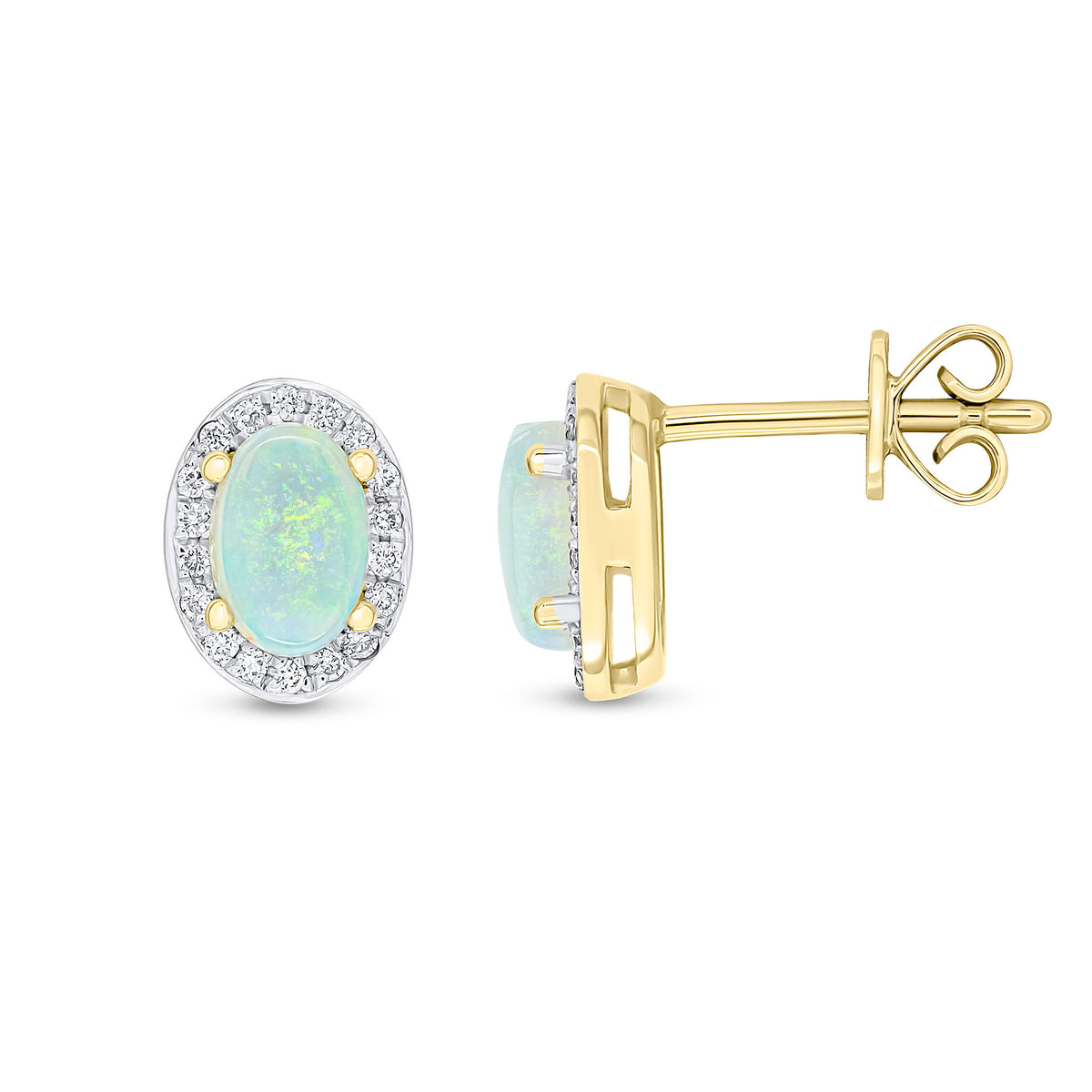 18CT YG CLAW SET 6X4 OVAL OPAL AND GRAIN SET ROUND DIAMOND CLUSTER EARRINGS. RHODIUM TO DIAMONDS