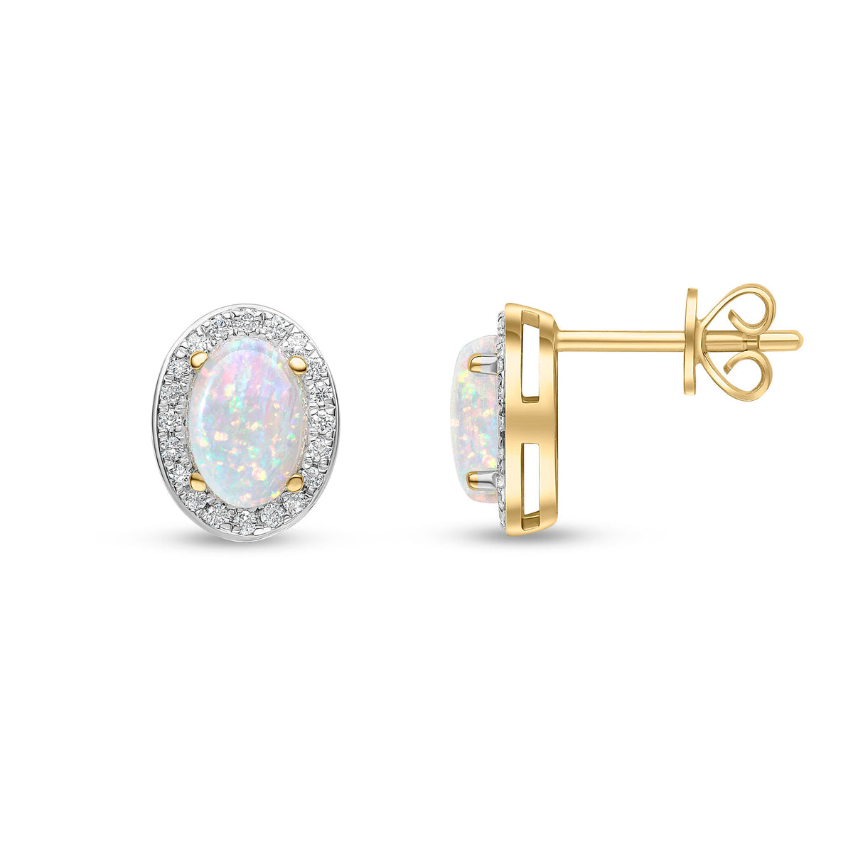 18CT YG CLAW SET 7X5 OVAL OPAL & GRAIN SET ROUND DIAMOND CLUSTER EARRINGS. RHODIUM TO DIAMONDS