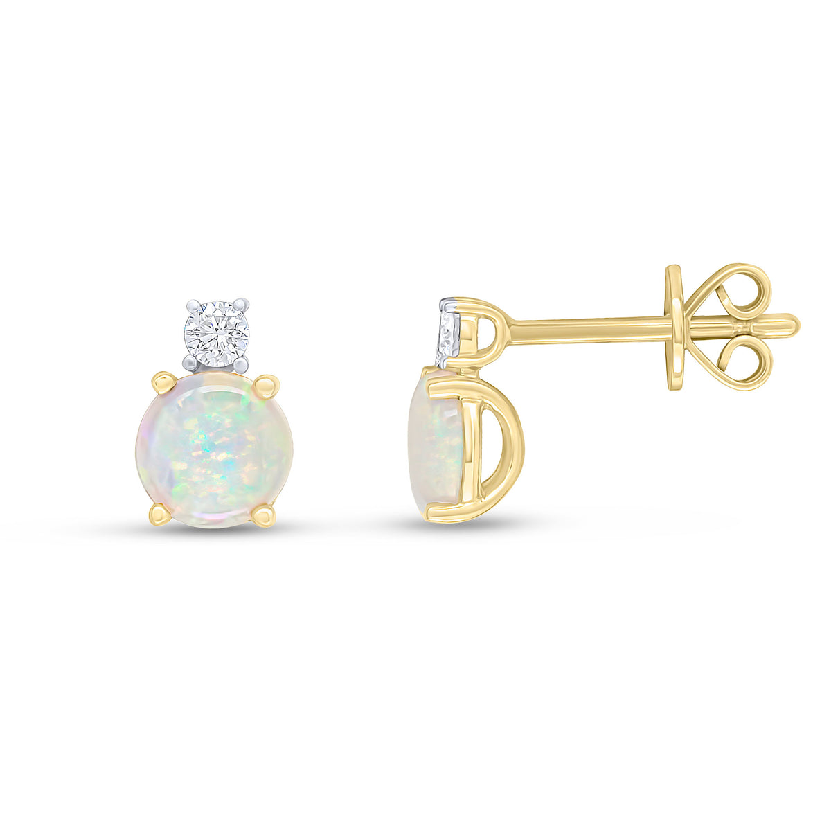 18CT YELLOW GOLD 5.5MM ROUND OPAL AND ROUND DIAMOND CLAW SET 2ST STUD EARRINGS