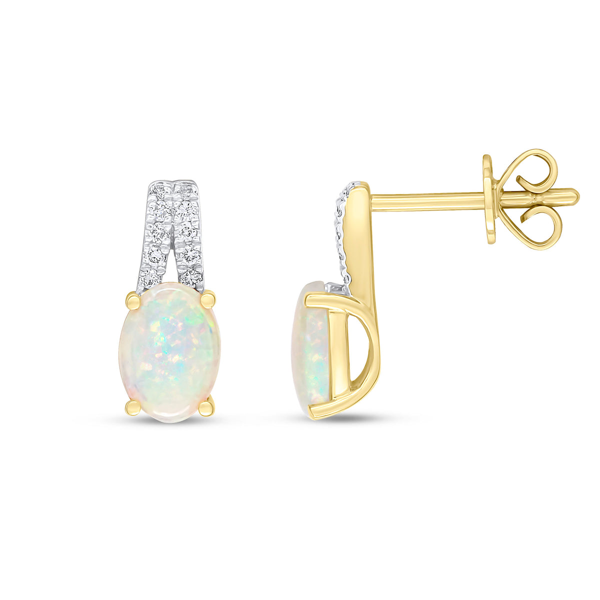 18CT YELLOW GOLD CLAW SET OVAL OPAL AND GRAIN SET ROUND DIAMOND SPLIT BARS TOP EARRINGS