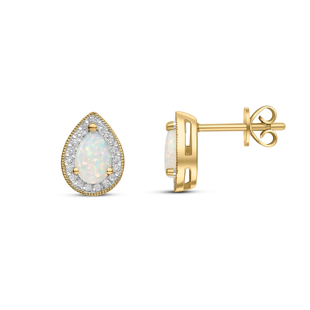 18CT YG CLAW SET 6X4 PEARSHAPE OPAL AND ROUND DIAMOND CLUSTER EARRINGS. MILLEGRAIN EDGE