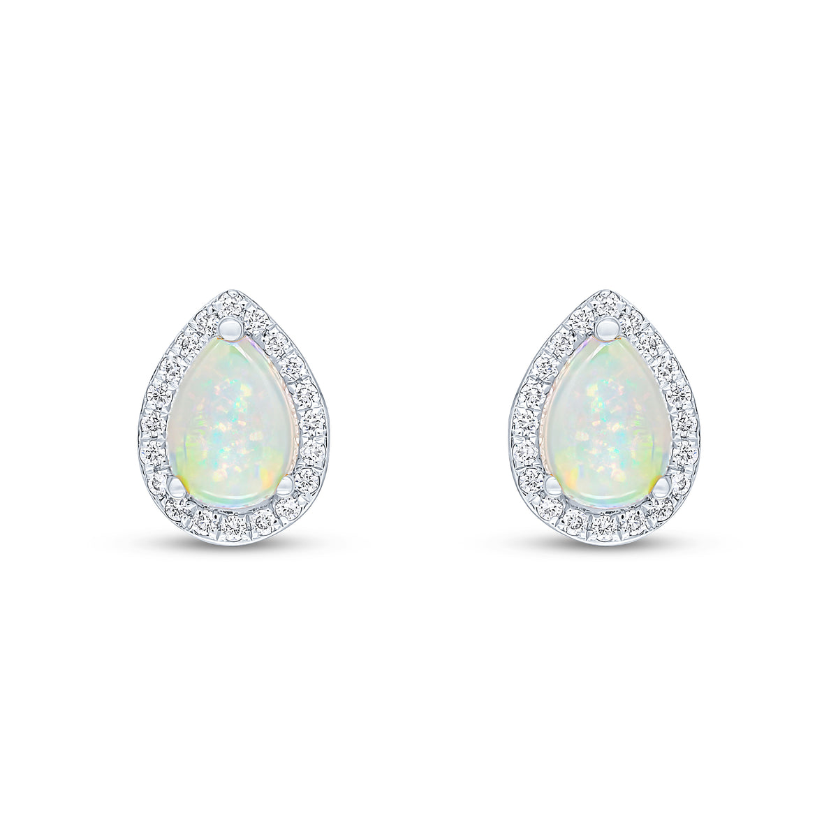 18CT WG CLAW SET 7X5 PEARSHAPE OPAL AND GRAIN SET ROUND DIAMOND CLUSTER EARRINGS