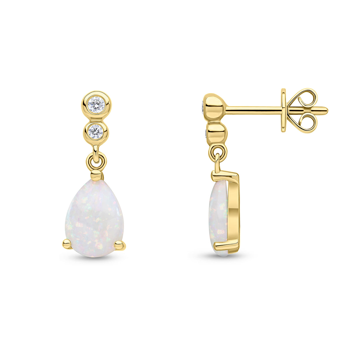 18CT YG  RUBOVER DIAMOND 2ST TOP, CLAW SET PEARSHAPE OPAL DROP EARRINGS