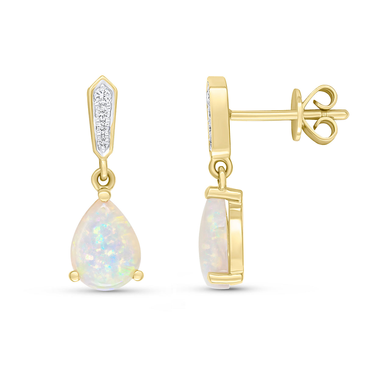 18CT YG CLAW SET 8X6 PEARSHAPE OPAL & GRAIN SET ROUND DIAMOND BAR DROP EARRINGS