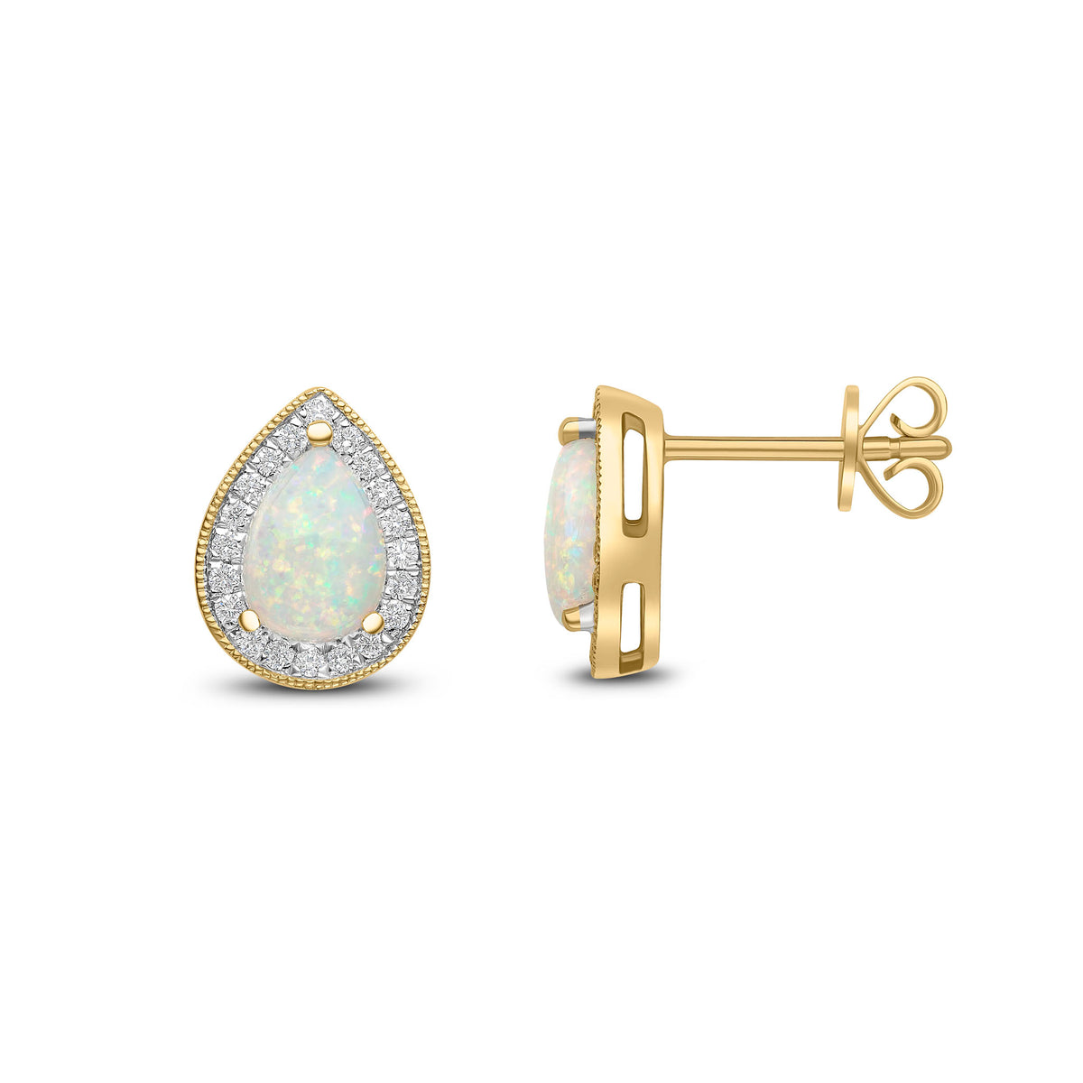 18CT YG CLAW SET 7X5 PEARSHAPE OPAL & DIAMOND CLUSTER EARRINGS. MILLEGRAIN EDGE