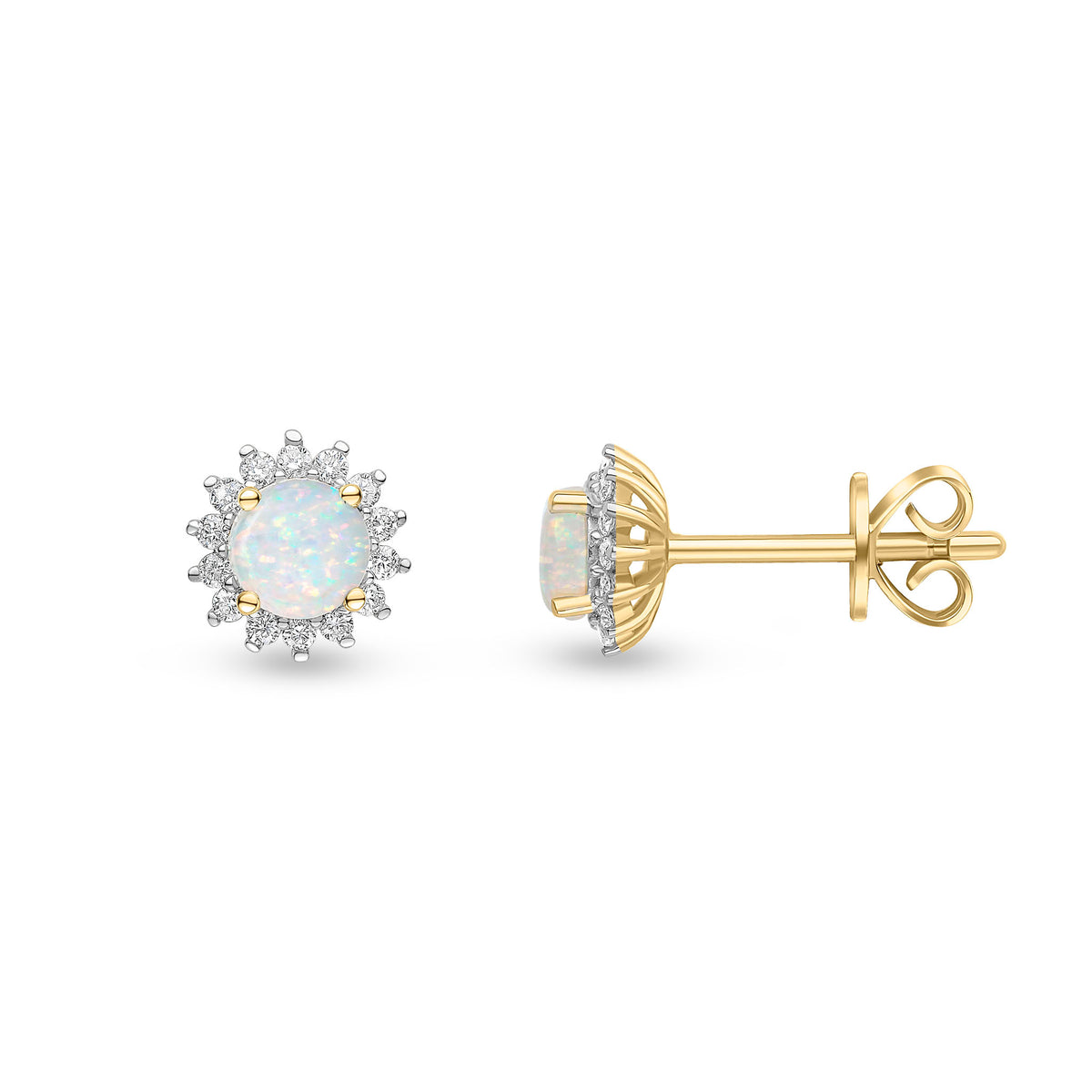 18CT YG 4MM ROUND OPAL AND ROUND DIAMOND CLAW SET CLUSTER STUD EARRINGS. RHODIUM TO DIAMONDS