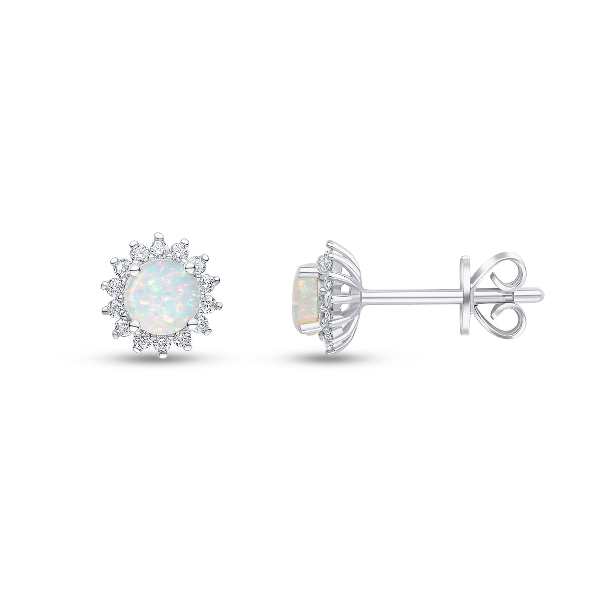 18WG 4MM ROUND OPAL & DIAMOND CLUSTER EARRINGS