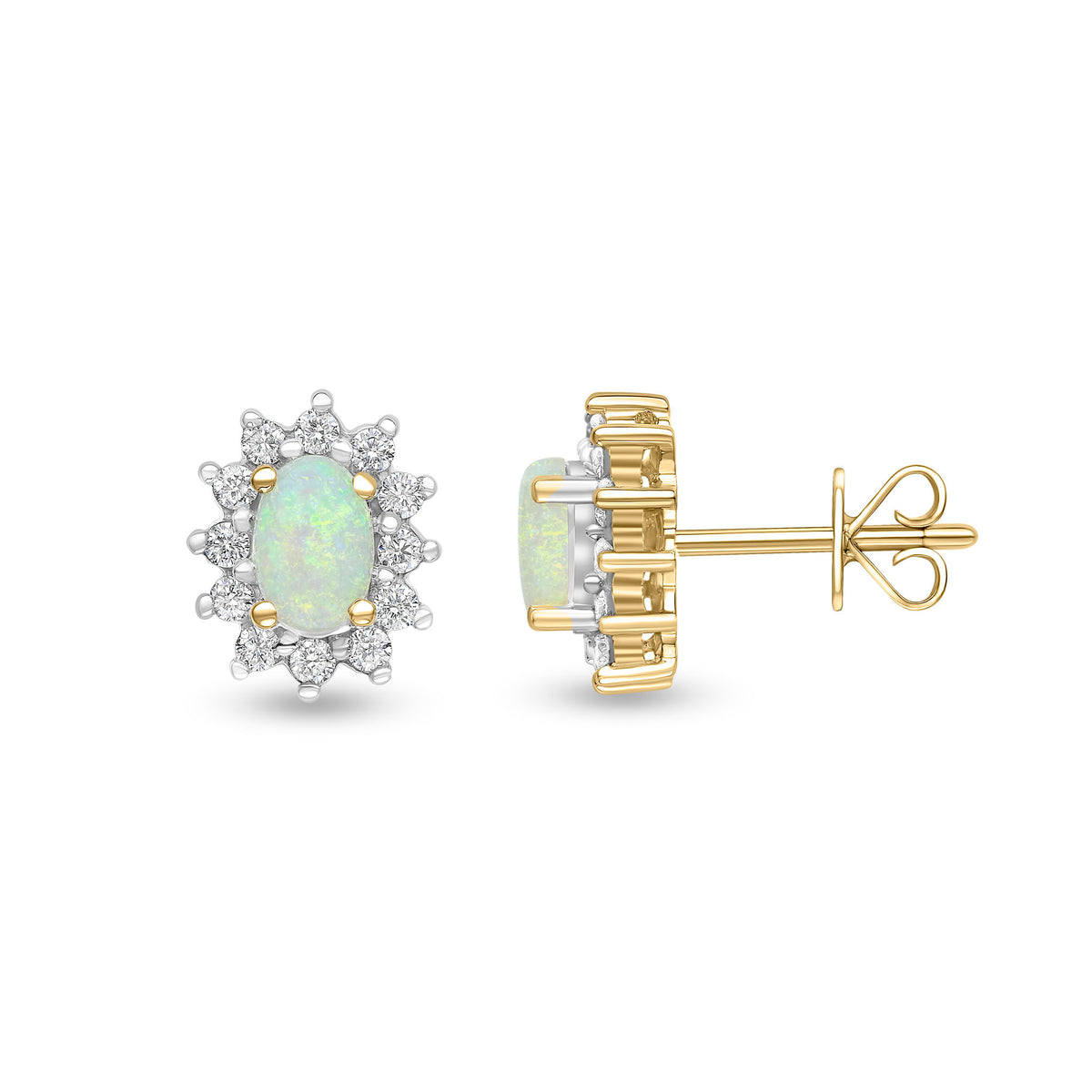 18CT YG 6X4 OVAL OPAL & ROUND DIAMOND CLAW SET CLUSTER EARRINGS. RHODIUM TO DIAMONDS