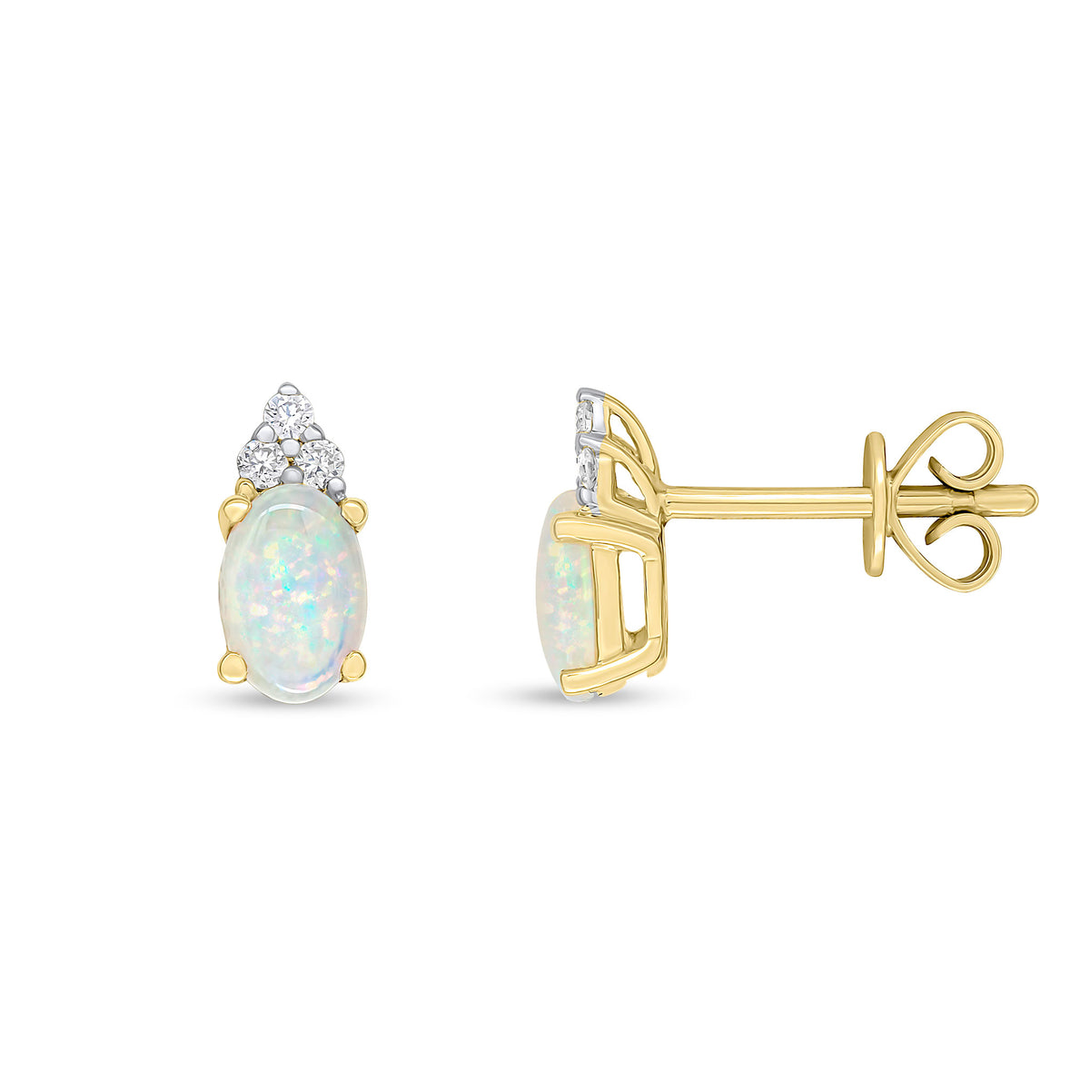 18CT YELLOW GOLD 6x4 OVAL OPAL AND ROUND DIAMOND TREFOIL TOP STUD EARRINGS
