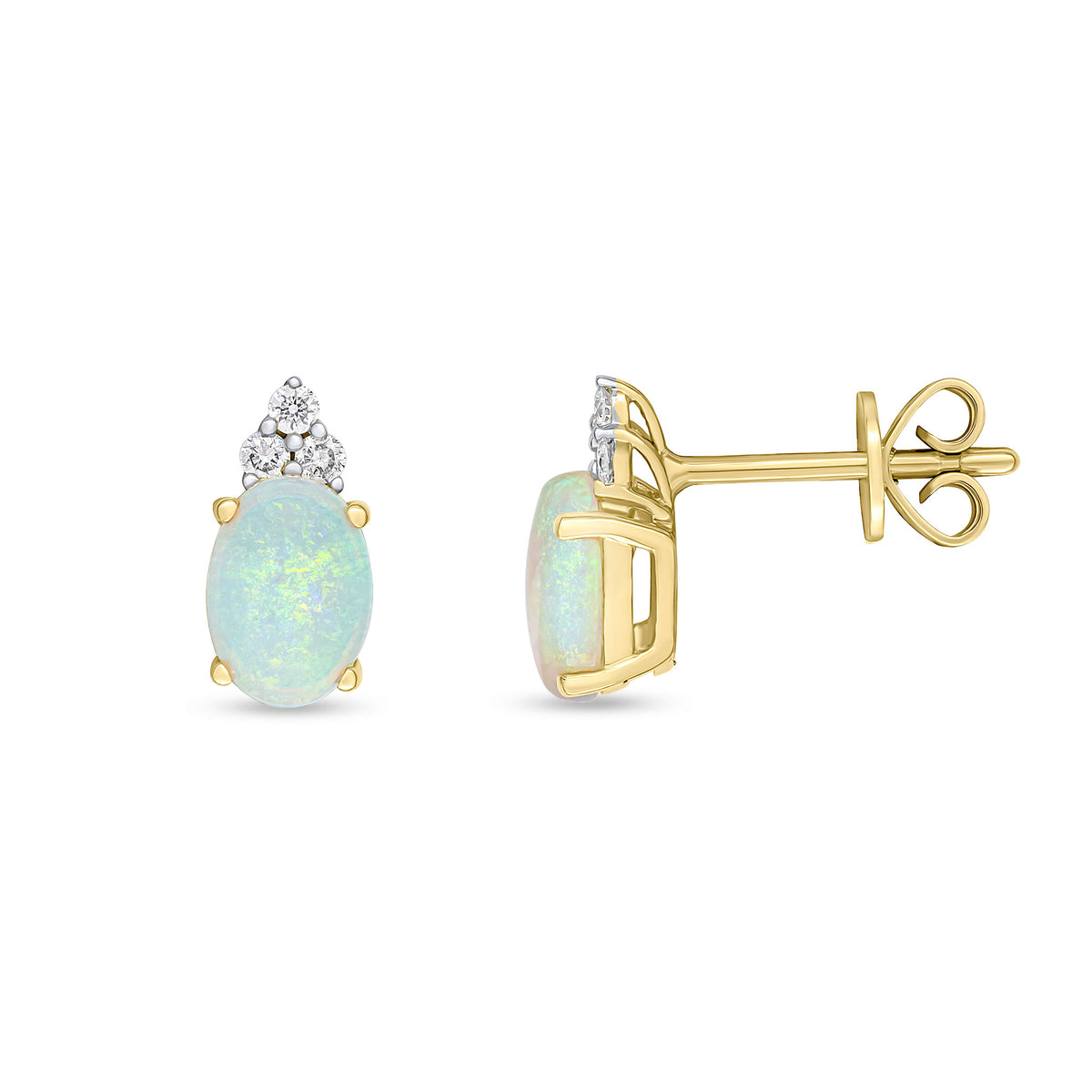 18CT YG CLAW SET 7X5 OVAL OPAL & ROUND DIAMOND TREFOIL TOP EARRINGS. RHODIUM TO DIAMONDS