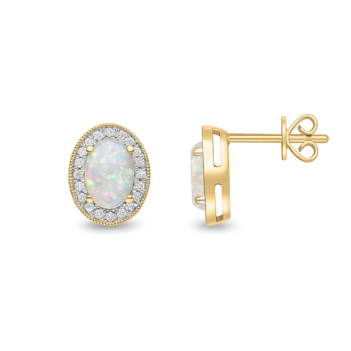 18CT YG CLAW SET 7X5 OVAL OPAL AND ROUND DIAMOND CLUSTER EARRINGS. MILLEGRAIN EDGE
