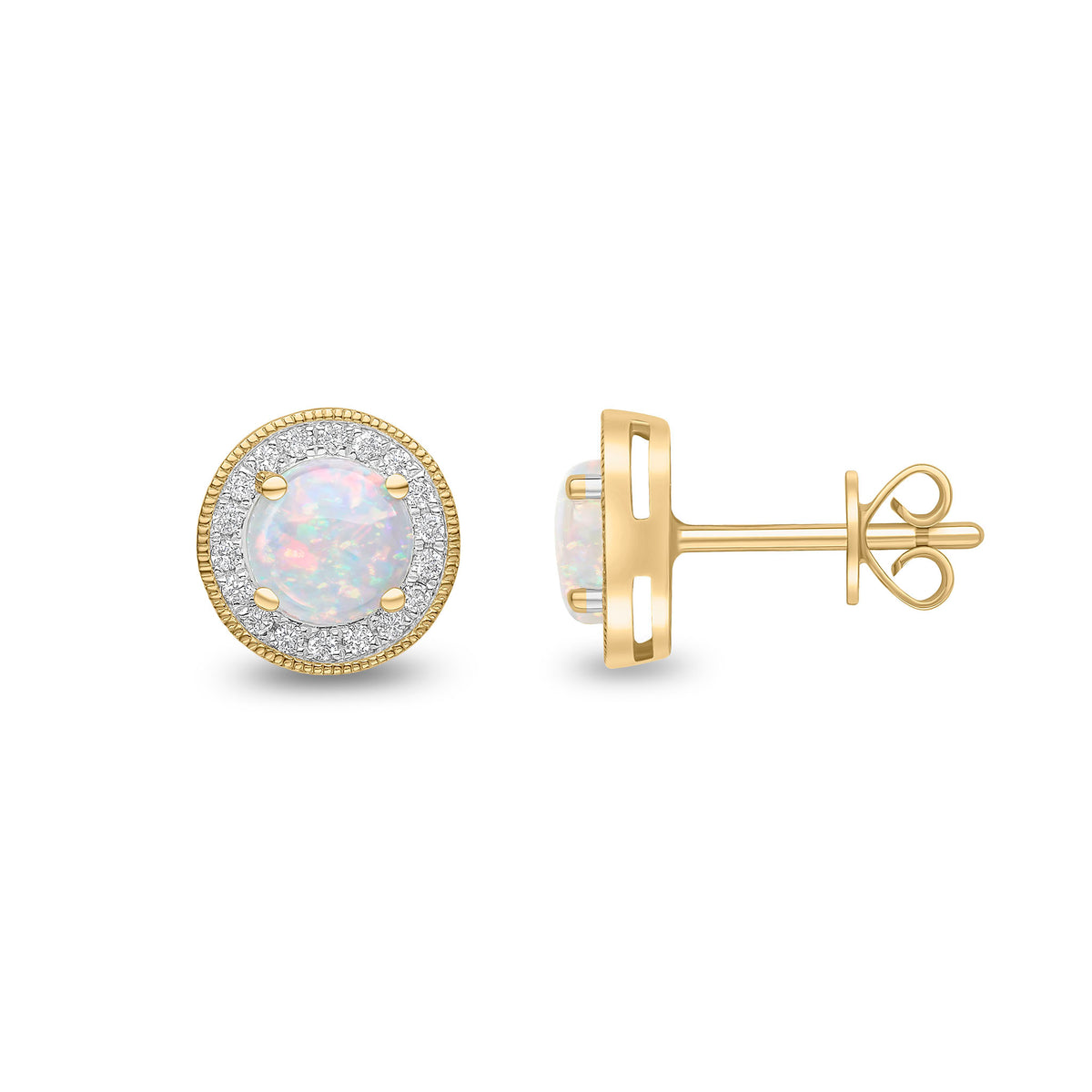 18CT YG CLAW SET 5.5MM ROUND OPAL AND DIAMOND CLUSTER EARRINGS. MILLEGRAIN EDGE