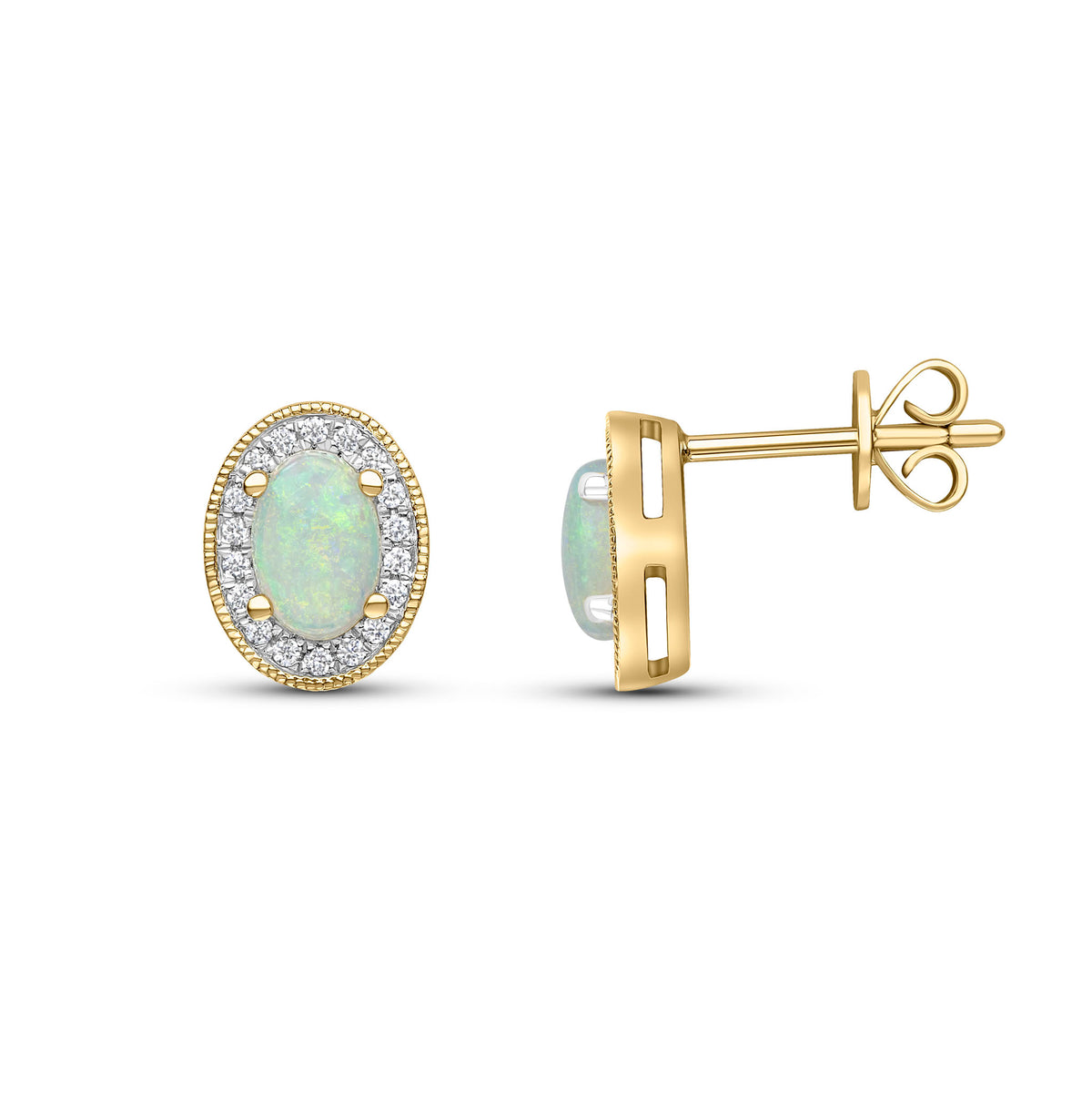 18CT YG CLAW SET 6X4 OVAL OPAL AND ROUND DIAMOND CLUSTER EARRINGS. MILLEGRAIN EDGE
