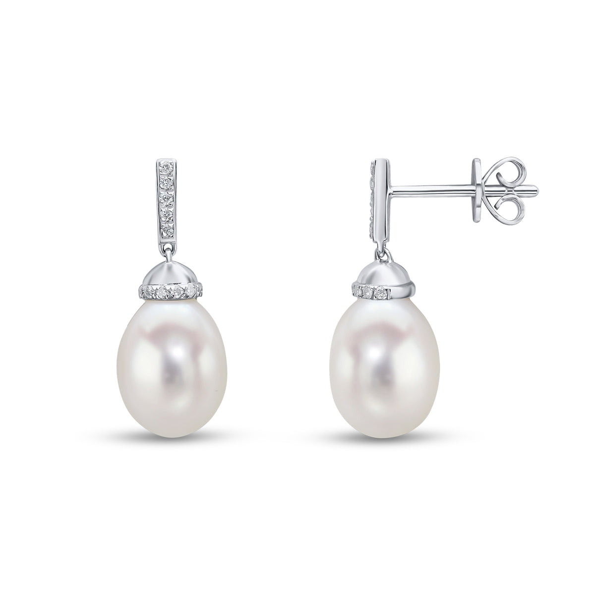 18CT WG CFW PEARL AND DIAMOND LINE AND CAP TOP DROP EARRINGS