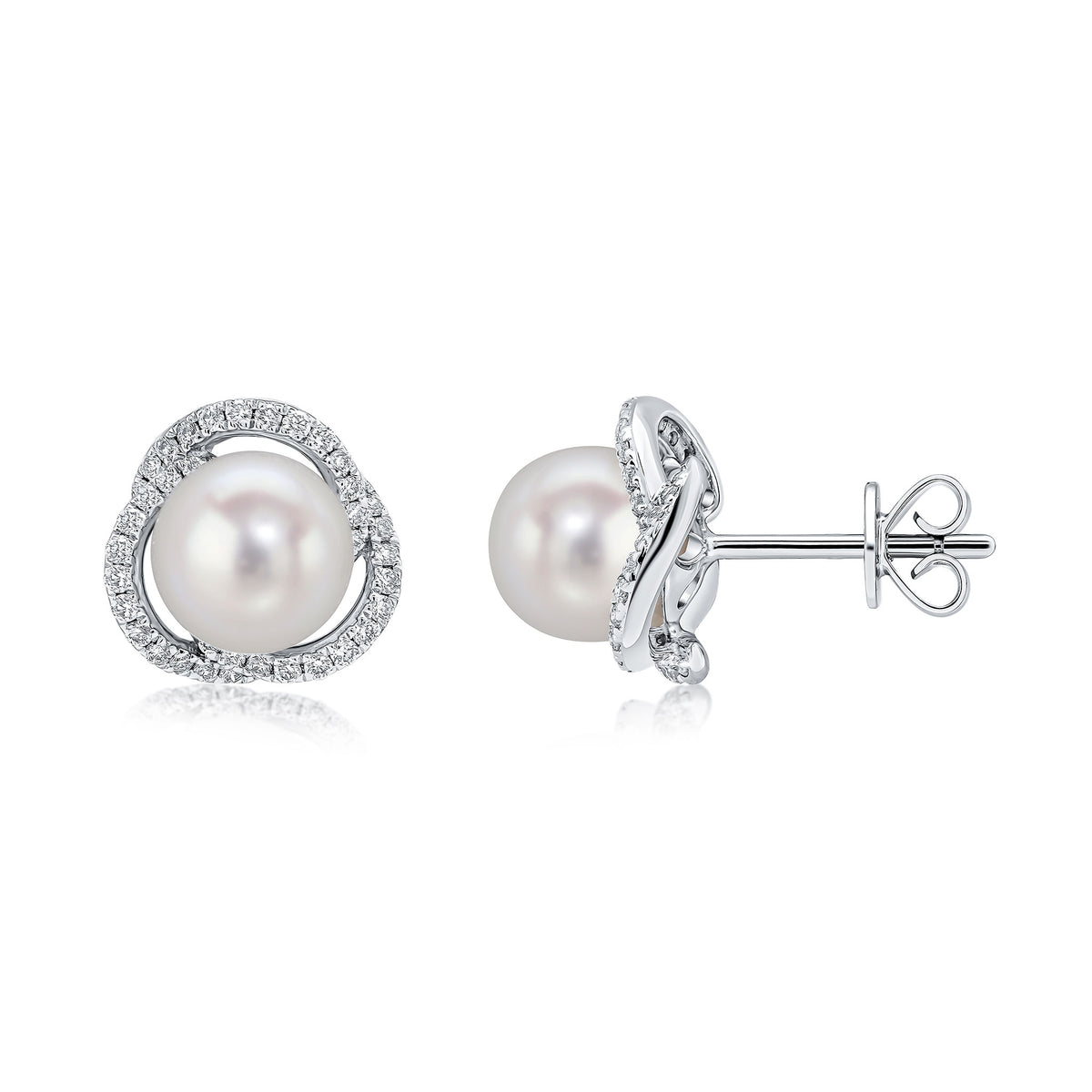 18CT WG FRESHWATER CULTURED PEARL AND DIAMOND SWIRL ROUND CLUSTER EARRINGS