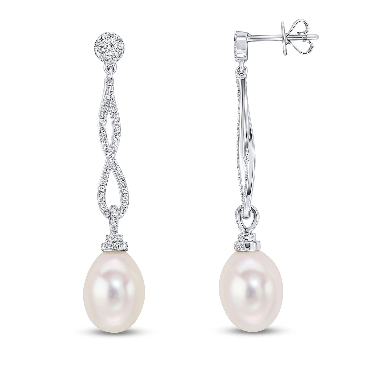 18CT WG ROUND DIAMOND LONG  'FIGURE OF 8' AND CULTURED FRESHWATER PEARL DROP EARRINGS WITH ROUND DIAMOND CLUSTER TOP