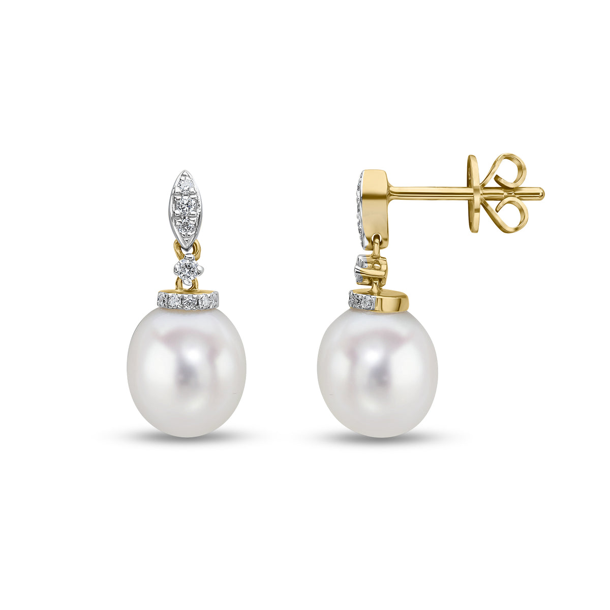 18CT YG CFW PEARL AND DIAMOND MARQUISE TOP AND CAP DROP EARRINGS. RHODIUM TO DIAMONDS