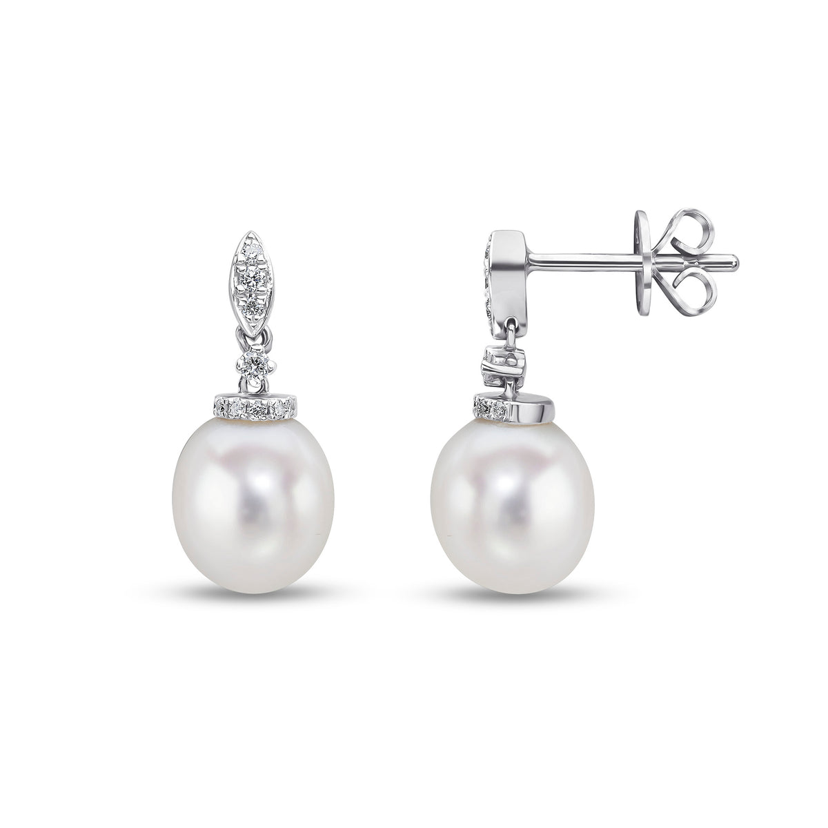 18CT WHITE GOLD FRESHWATER CULTURED PEARL AND DIAMOND MARQUISE TOP AND CAP DROP EARRINGS