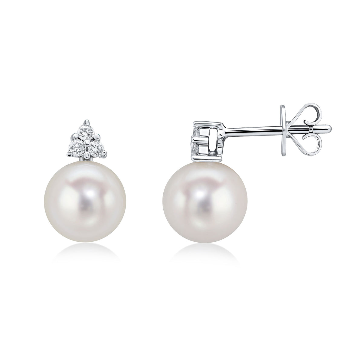 18CT WG FRESHWATER CULTURED PEARL AND DIAMOND TREFOIL TOP CLAW EARRINGS