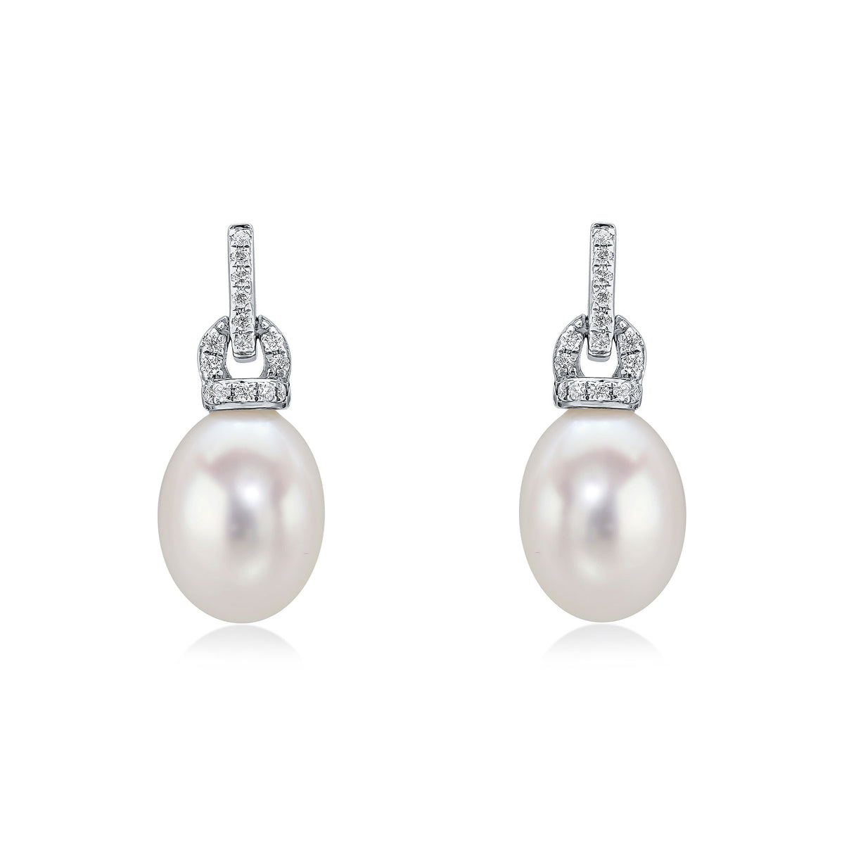 18CT WG FRESHWATER CULTURED PEARL AND DIAMOND BAR AND LOOP TOP DROP EARRINGS