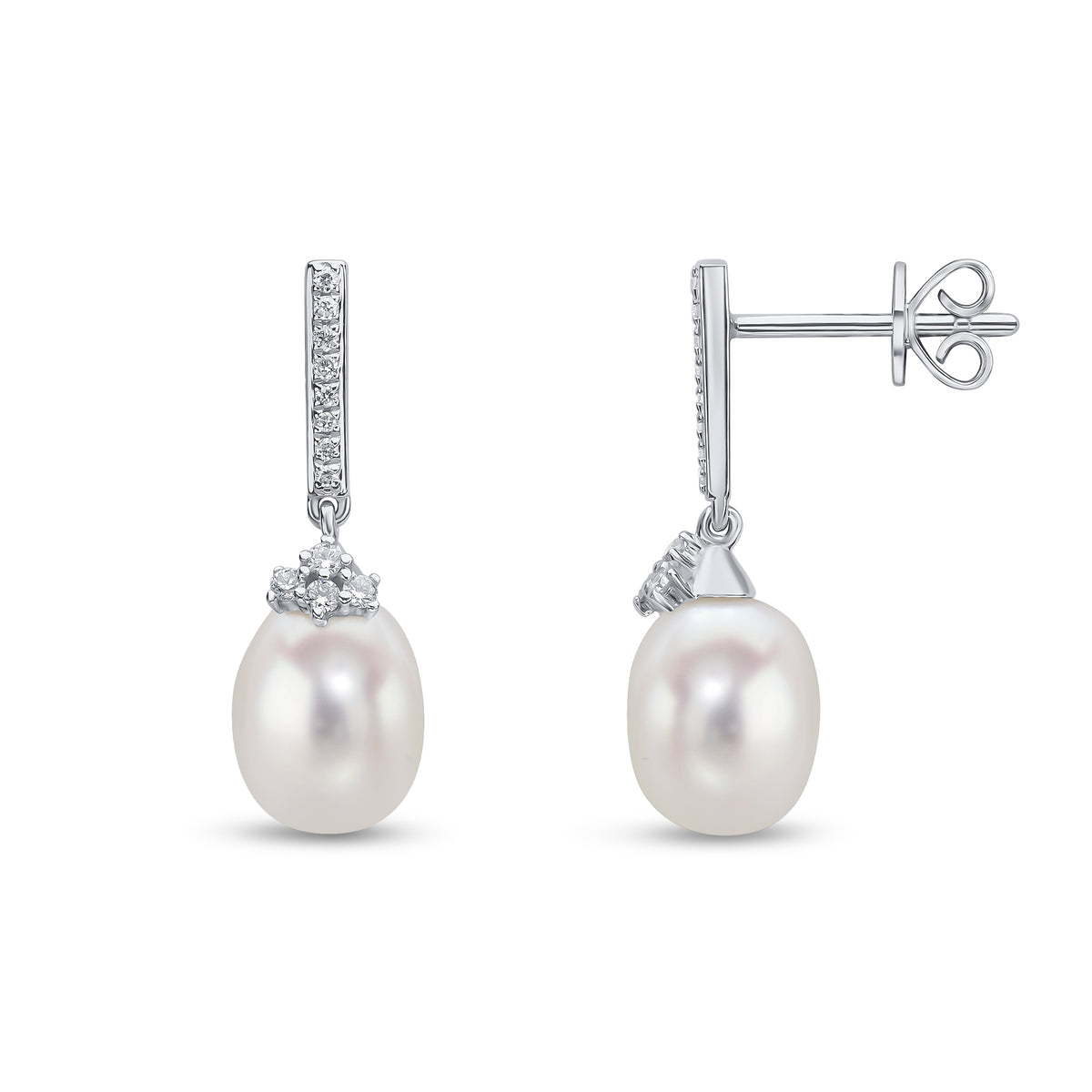 18CT WG CFW PEARL, ROUND DIAMOND 4ST 'V' AND DIAMOND SET BAR TOP DROP EARRINGS