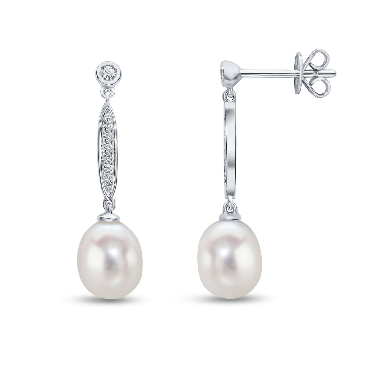 18CT WG CFW PEARL AND GRAIN SET DIAMOND BAR DROP EARRINGS WITH RUBOVER ROUND DIAMOND STUD TOP