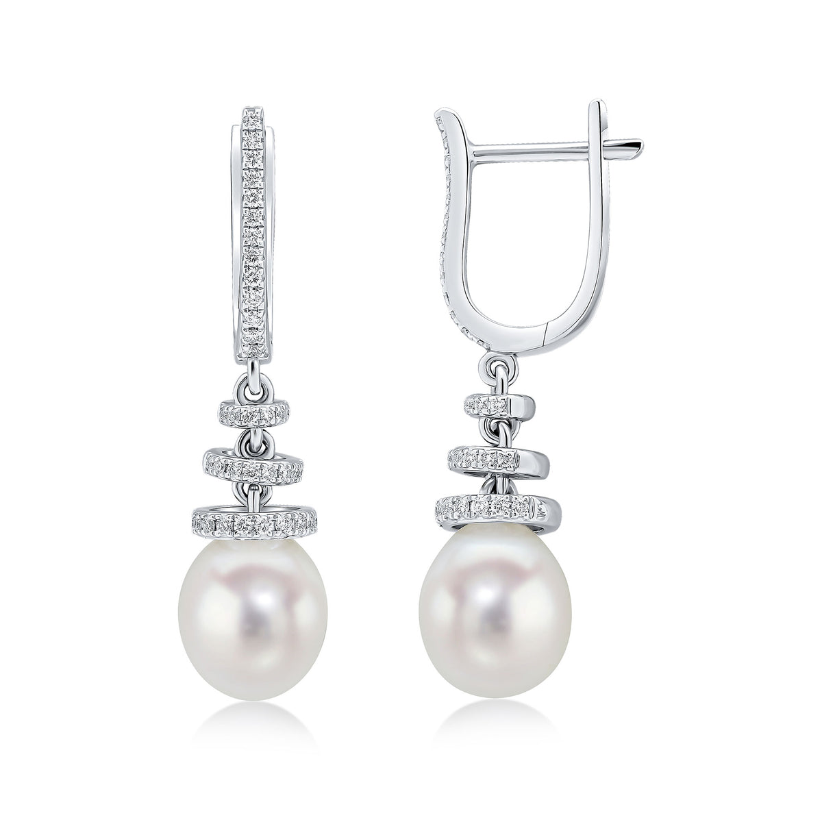 18CT WG FRESHWATER CULTURED PEARL, DIAMOND HOOP AND SPIRAL TOP EARRINGS