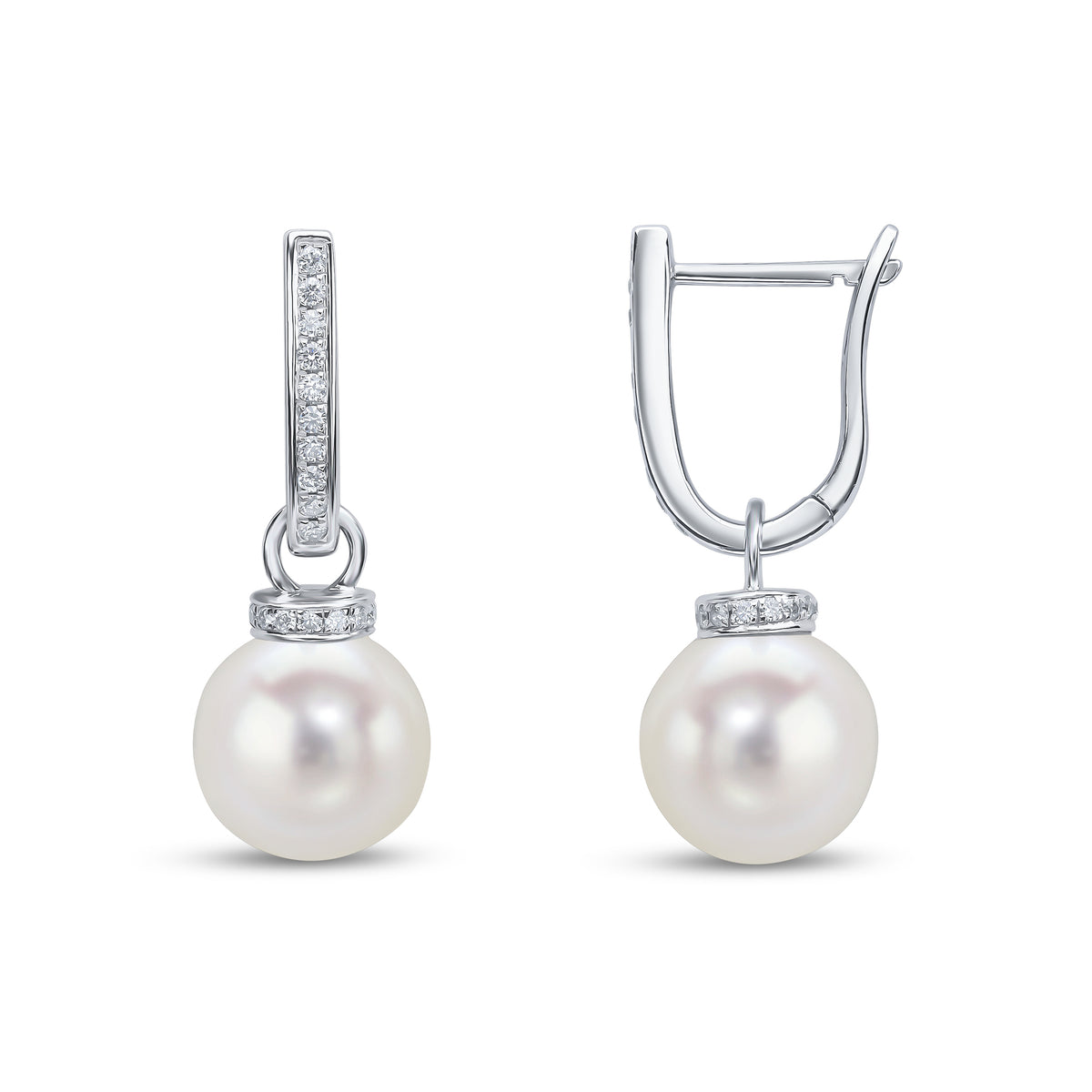 18CT WG CFW PEARL AND DIAMOND HOOP AND CAP TOP DROP EARRINGS