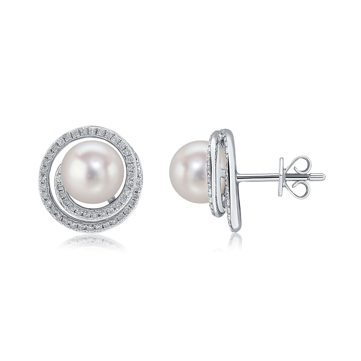 18CT WG FRESHWATER CULTURED PEARL AND DIAMOND SWIRL CLUSTER EARRINGS