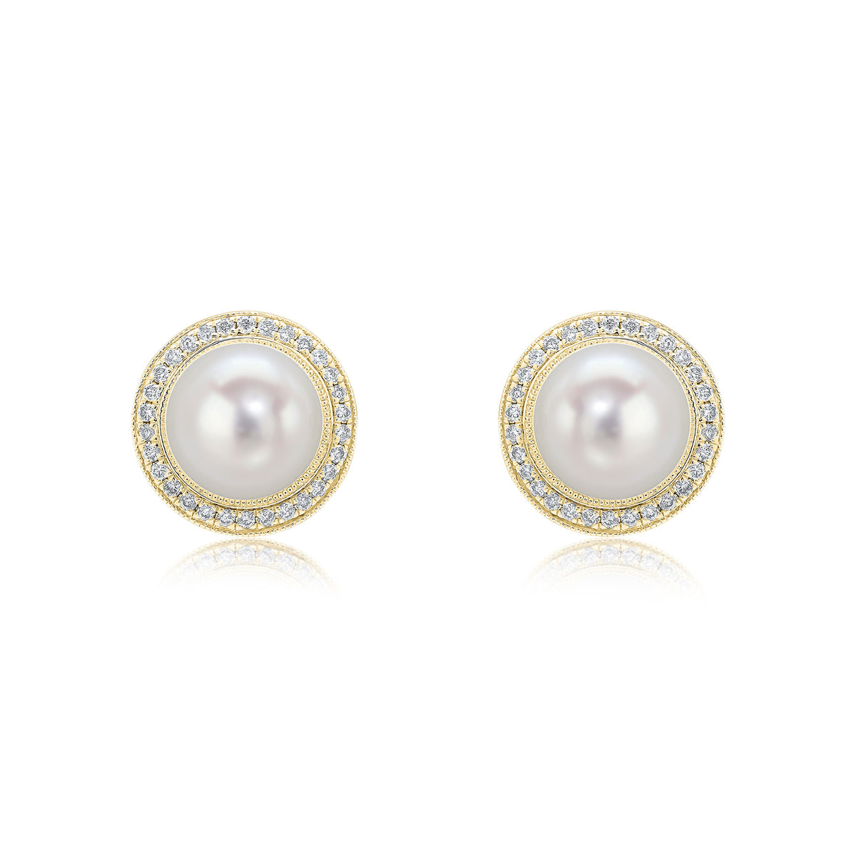 18CT YG FRESHWATER CULTURED PEARL AND DIAMOND ROUND MILLEGRAIN CLUSTER EARRINGS