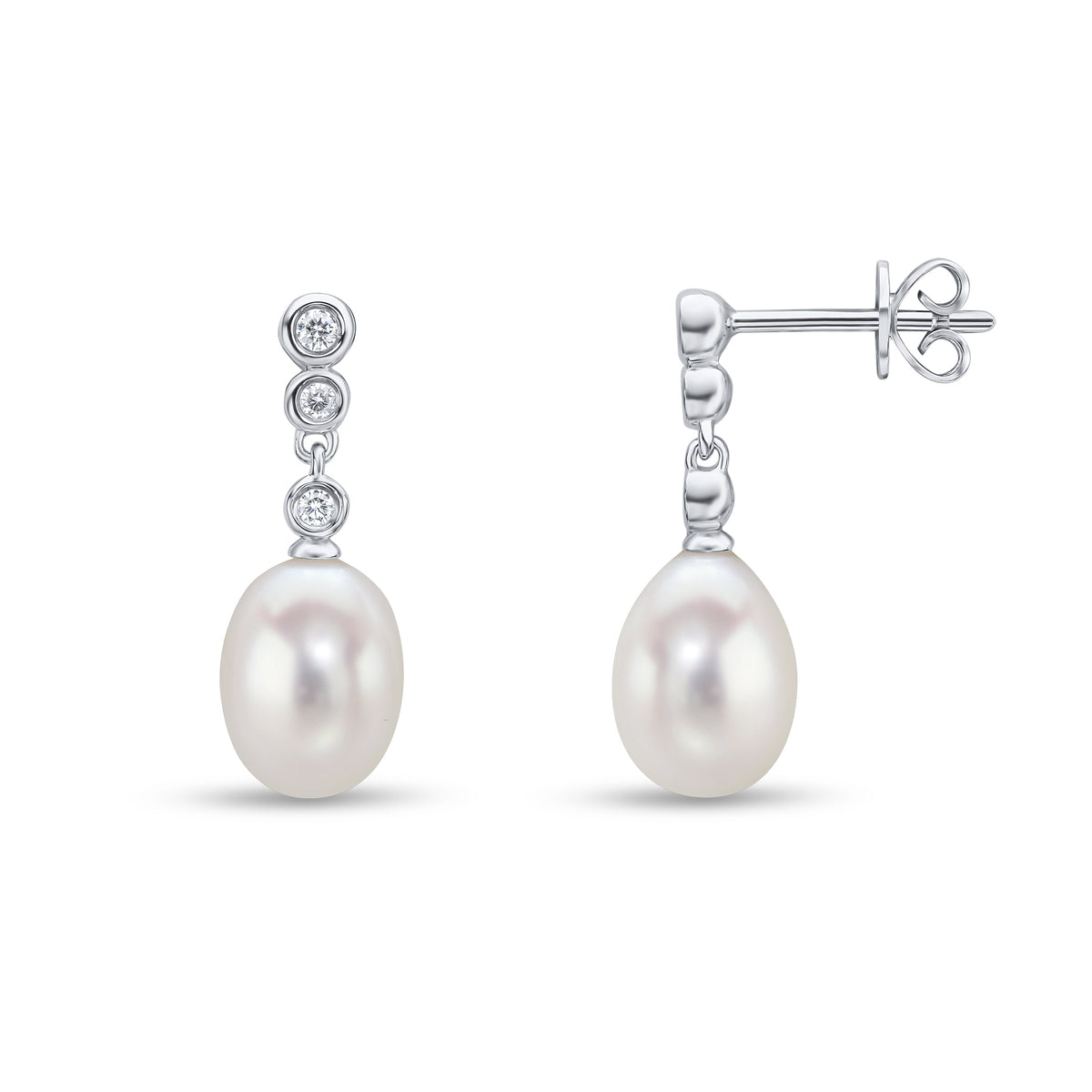 18CT WG CFW PEARL AND 3ST DIAMOND RUBOVER LINE DROP EARRINGS