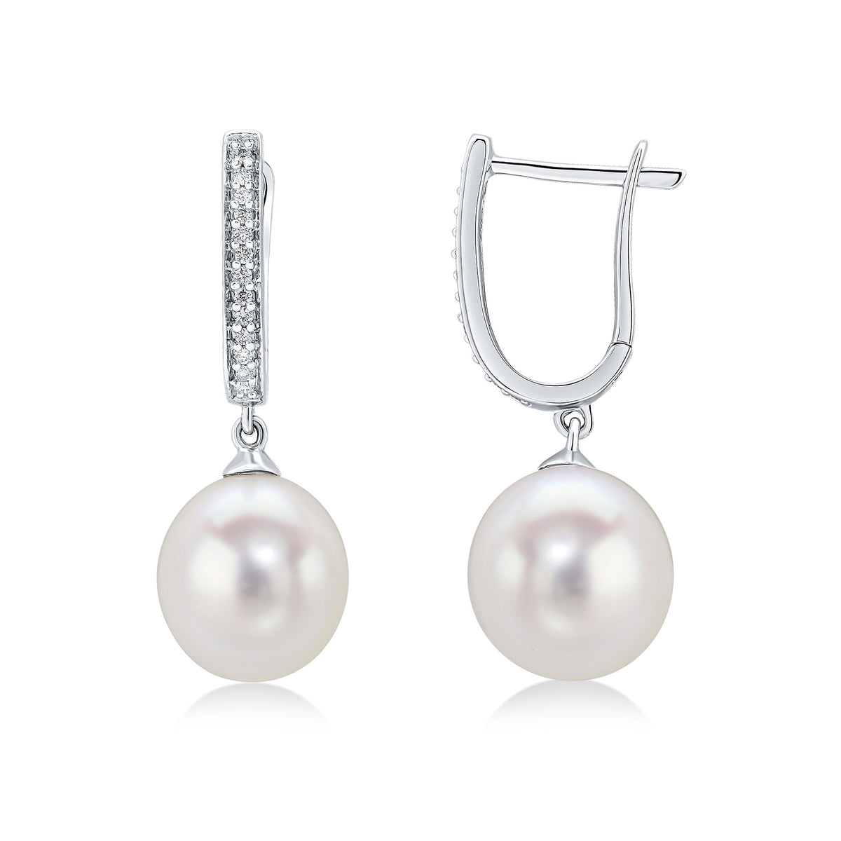 18CT WHITE GOLD FRESHWATER CULTURED PEARL AND DIAMOND OVAL HOOP TOP DROP EARRINGS