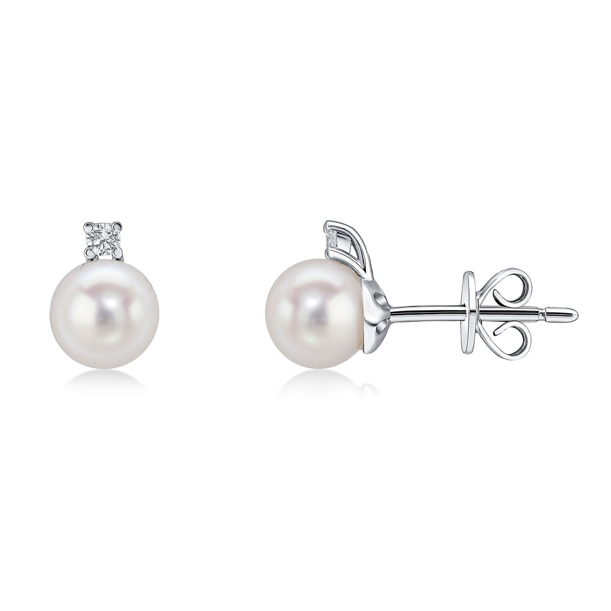 18CT WG 6MM ROUND CULTURED FRESHWATER PEARL AND CLAW SET ROUND DIAMOND 2ST STUD EARRINGS