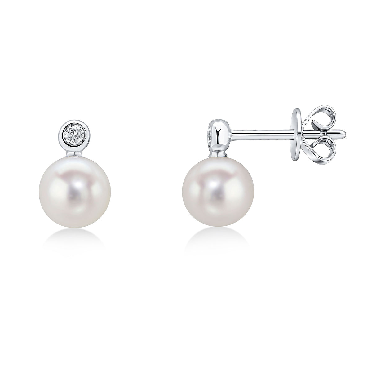 18CT WG DIAMOND & FRESHWATER PEARL 2 STONE RUBOVER STUD EARRINGS