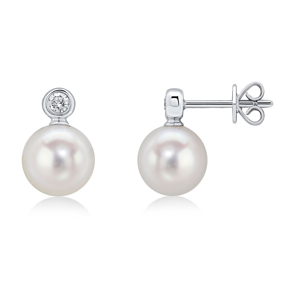 18CT WHITE GOLD ROUND RUBOVER DIAMOND & CULTURED FRESHWATER PEARL 2 STONE EARRINGS