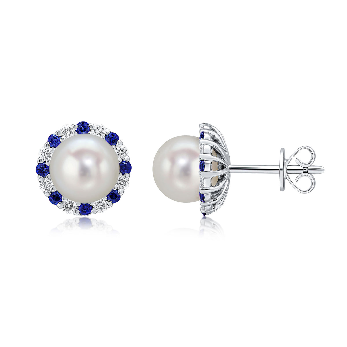 18CT WG 7MM CULTURED PEARL STUDS WITH SAPPHIRE AND DIAMOND DETACHEABLE BORDER