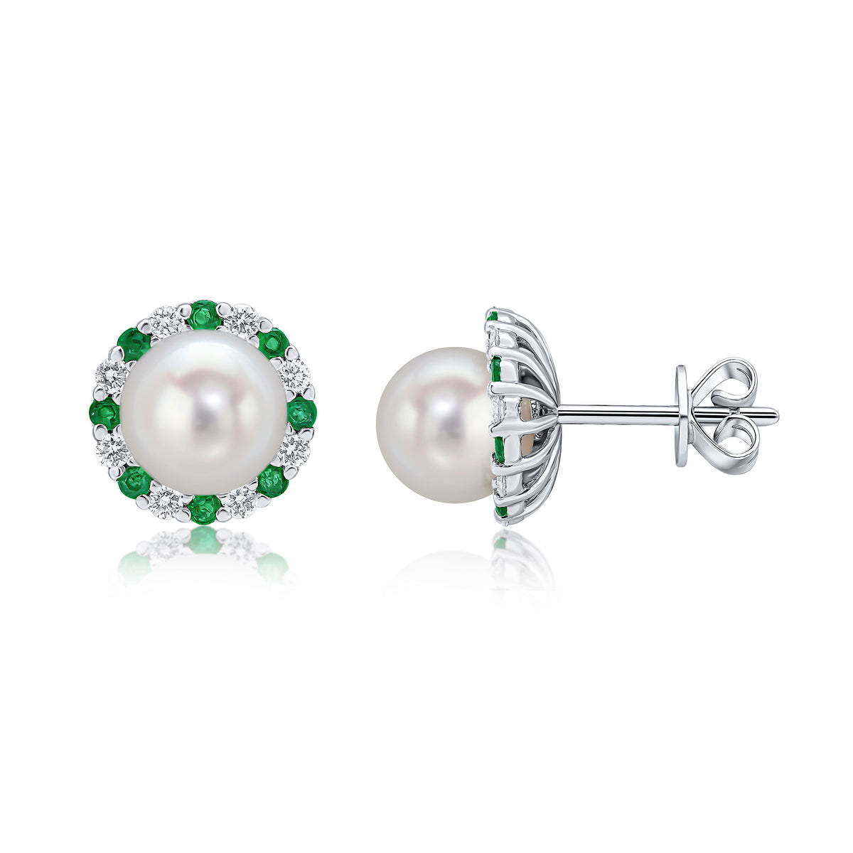 18CT WG 7MM CULTURED PEARL STUDS WITH EMERALD AND DIAMOND DETACHEABLE BORDER