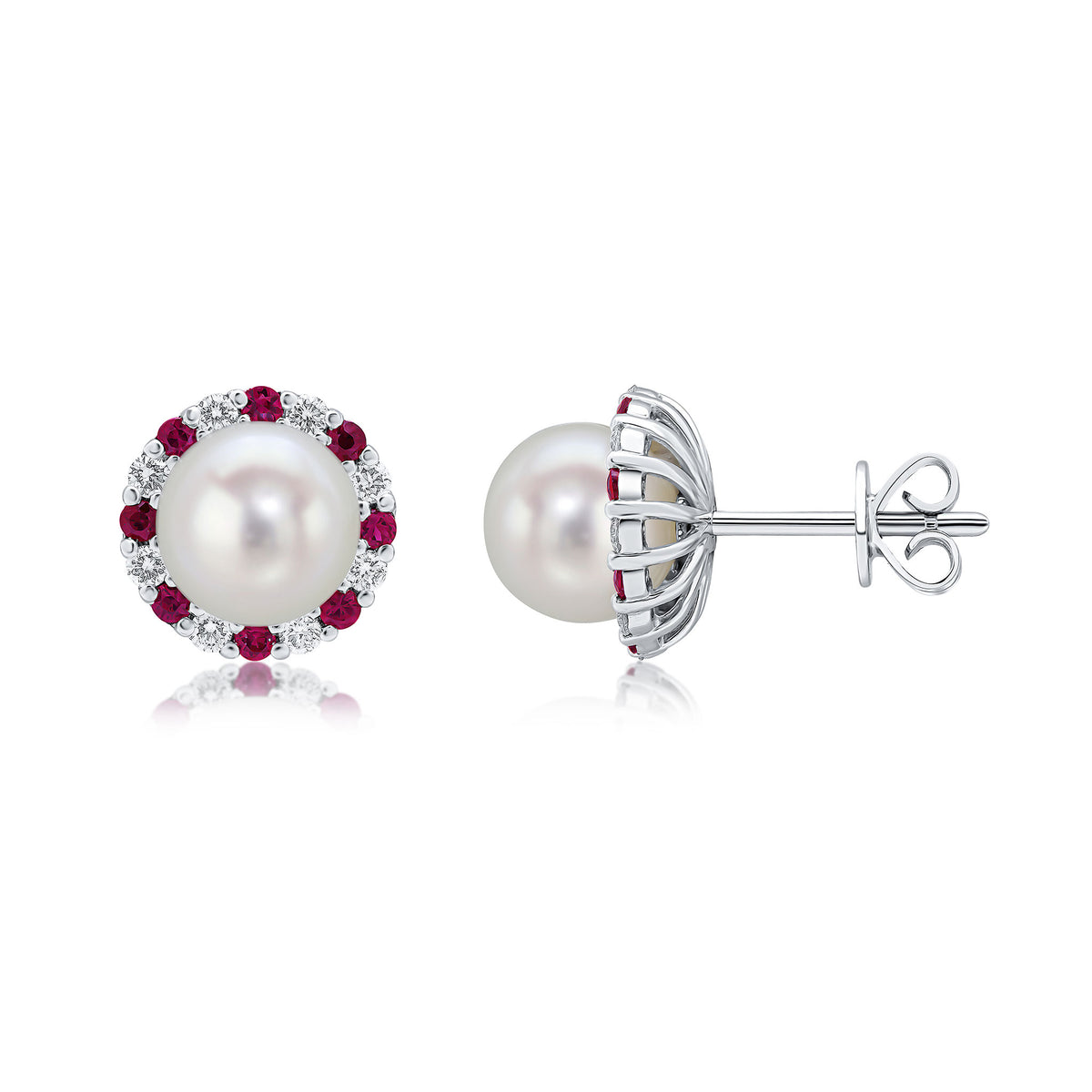 18CT WG 7MM CULTURED PEARL STUDS WITH RUBY AND DIAMOND DETACHEABLE BORDER