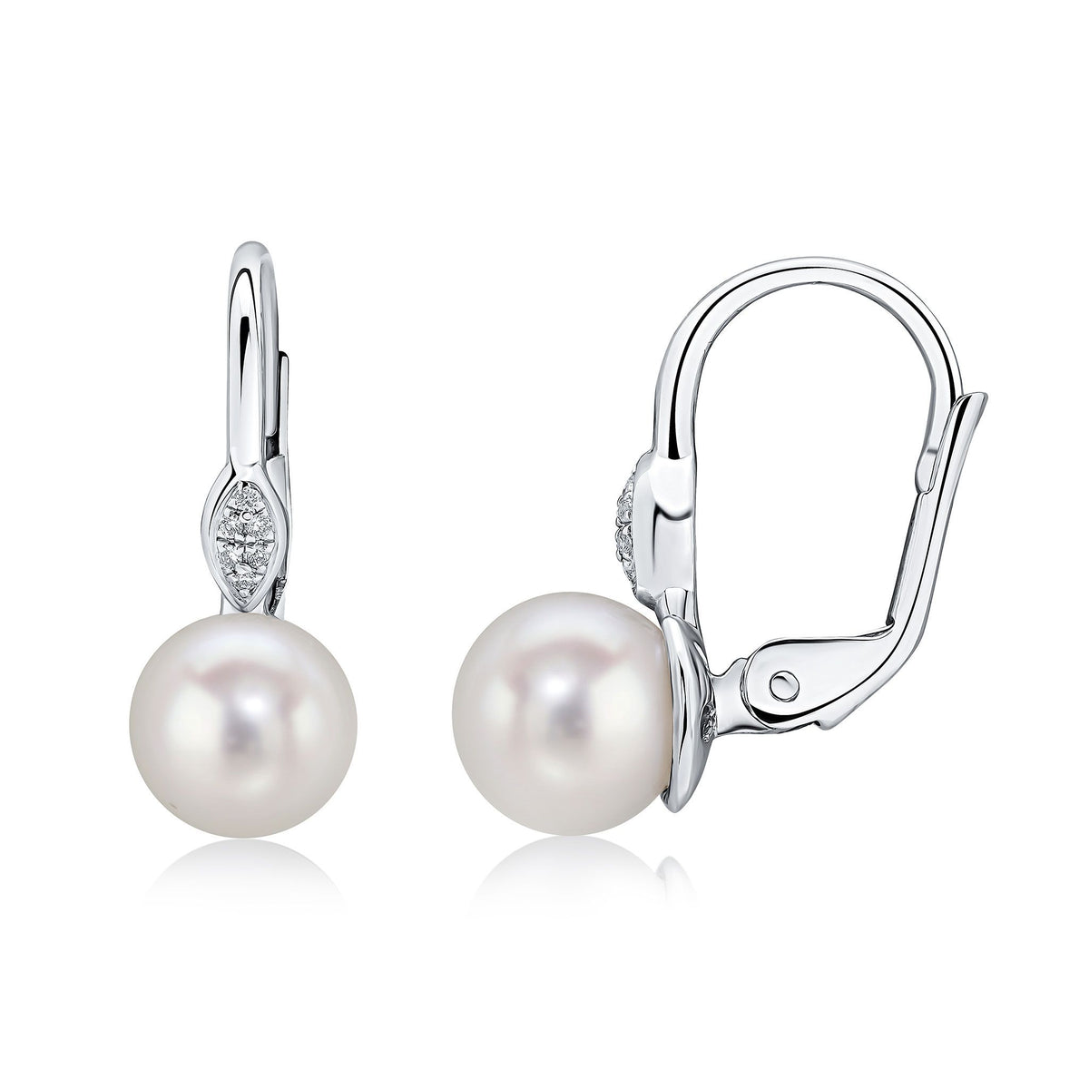 18CT WG ROUND CFW PEARL & PAVE DIAMOND MARQUISE TOP HOOK EARRINGS