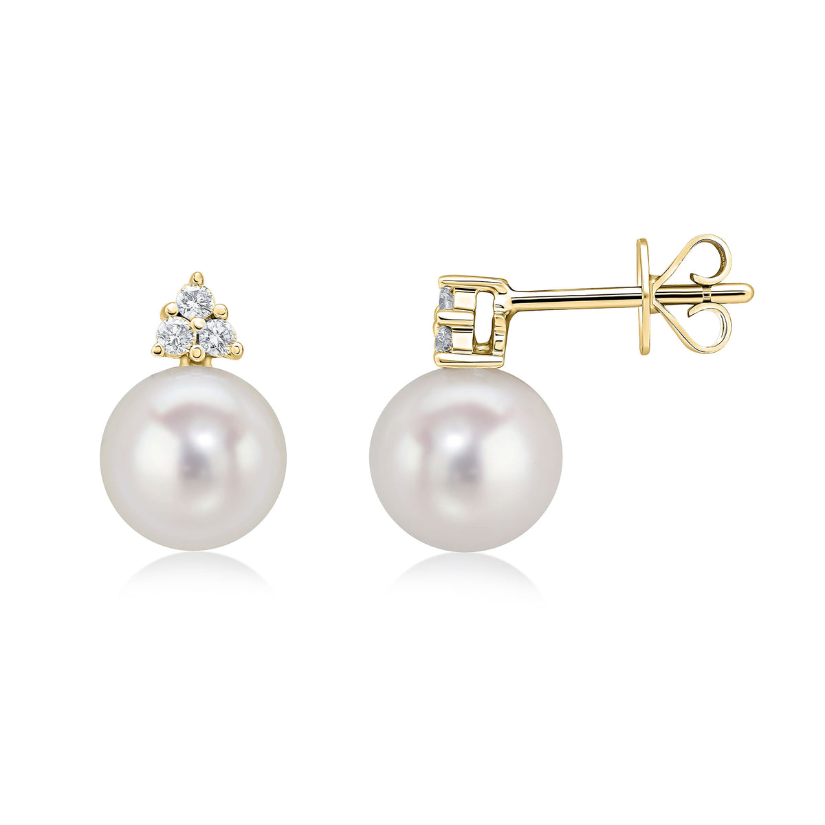 18CT YG DIAMOND TREFOIL TOP AND 8MM CFW PEARL EARRINGS. RHODIUM TO DIAMONDS